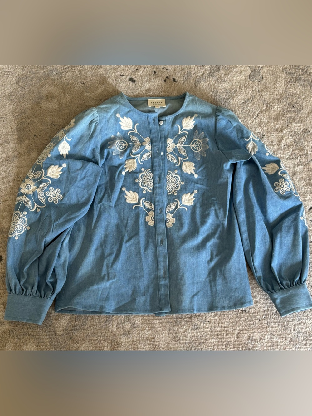 Sezane Embroidered Blue Button-Up denim shirt